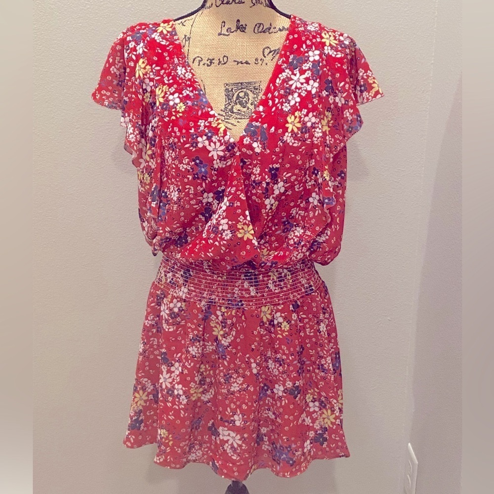 Parker Red Scilla Floral Ruffle Smocked Waist Mini Dress M NWT - Picture 5 of 11